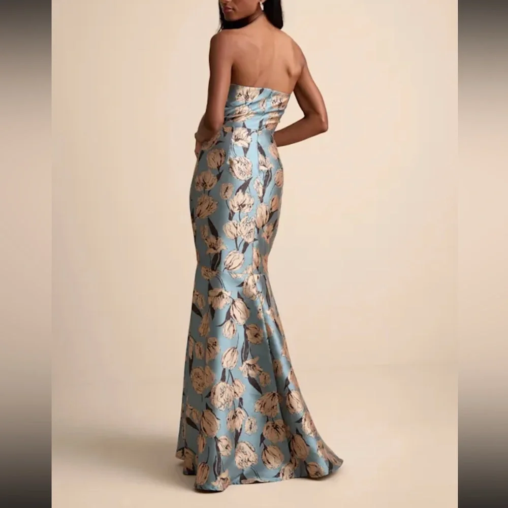Gowning Around Slate Blue Floral Jacquard Strapless Maxi Dress - Picture 3 of 9